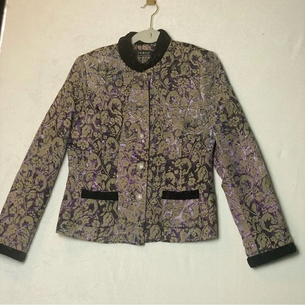 Tribal Tapestry Gold/Purple Tone Blazer W/Velvet Trim Size 4